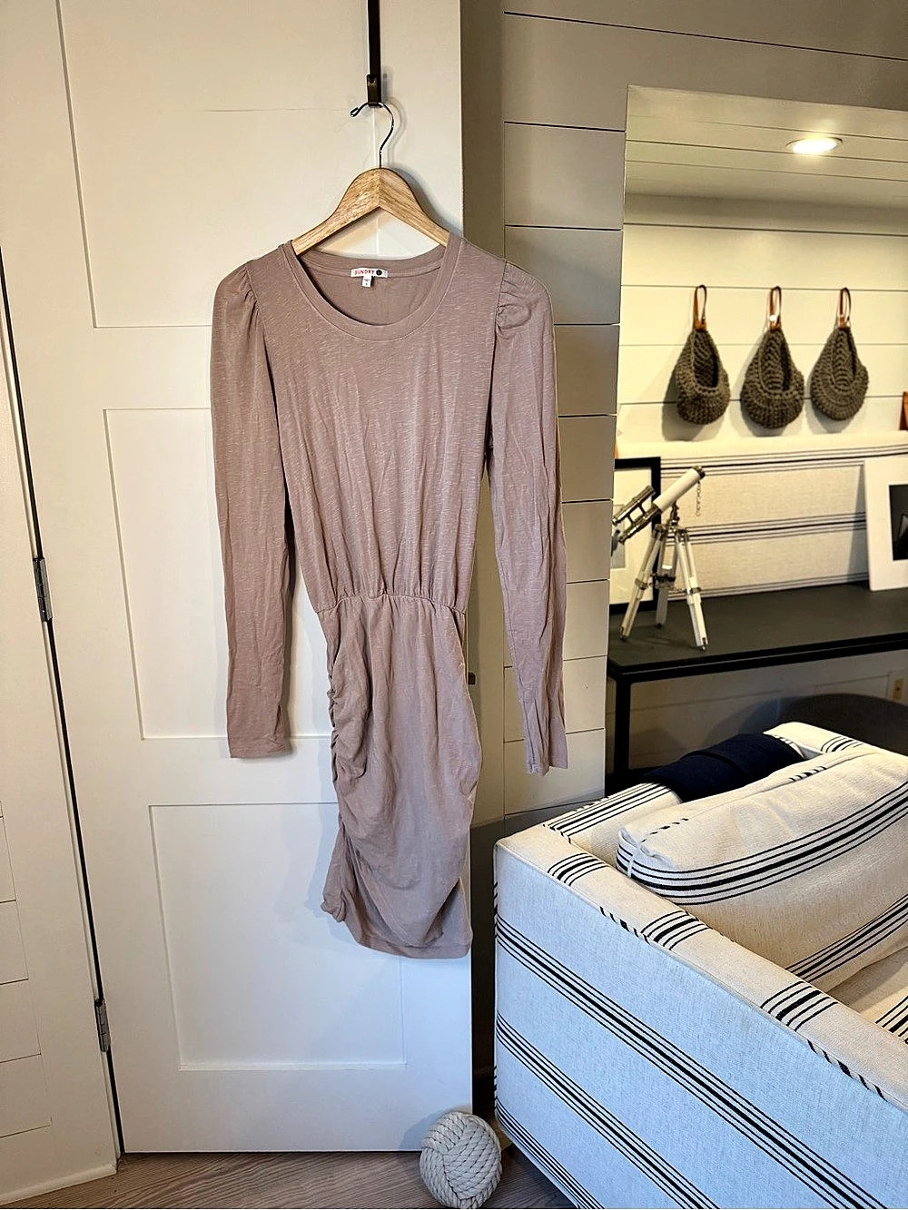 Sundry Ruched Shoulder T-Shirt Dress Mini Stone Sand Tan Size Small